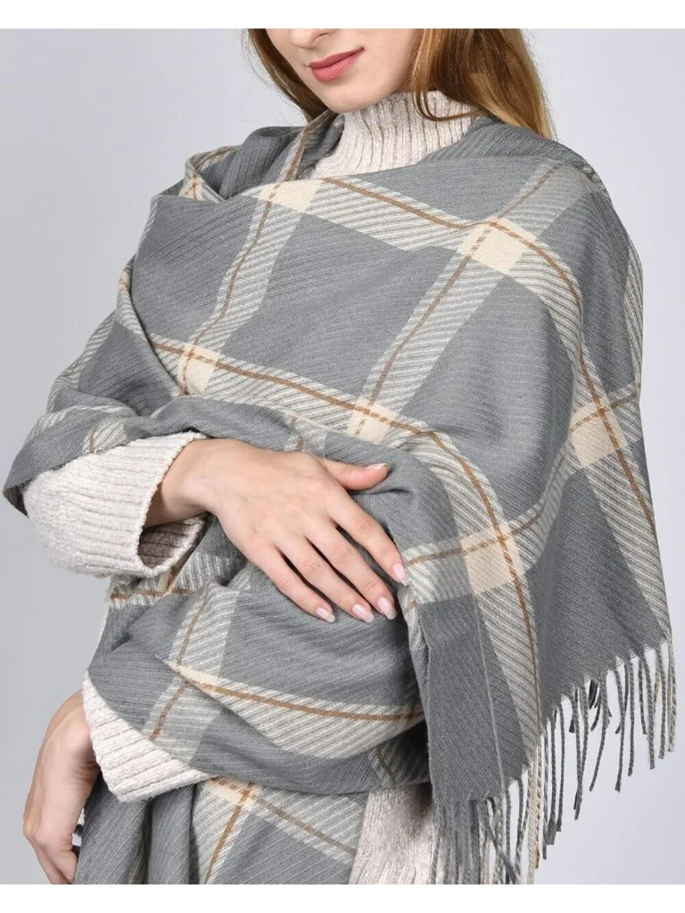 Women's Grey Shawl Soft Tassel Plaid Large Scarves Wraps Neck Scarves